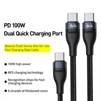 Baseus Flash Series One-for-two Fast Charging Data Cable Type-C to C+C 100W 1.5m