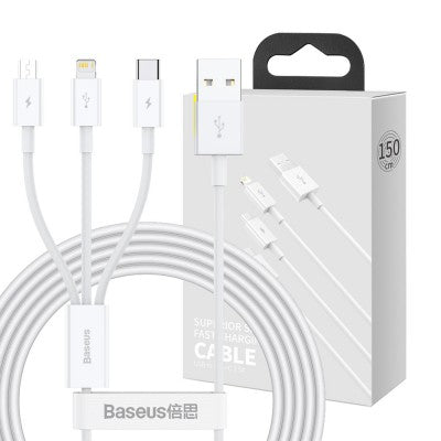 Superior Series Fast Charging 3 in 1 Data Cable USB to Micro+Lightning+Type-C 3.5A 1.5m